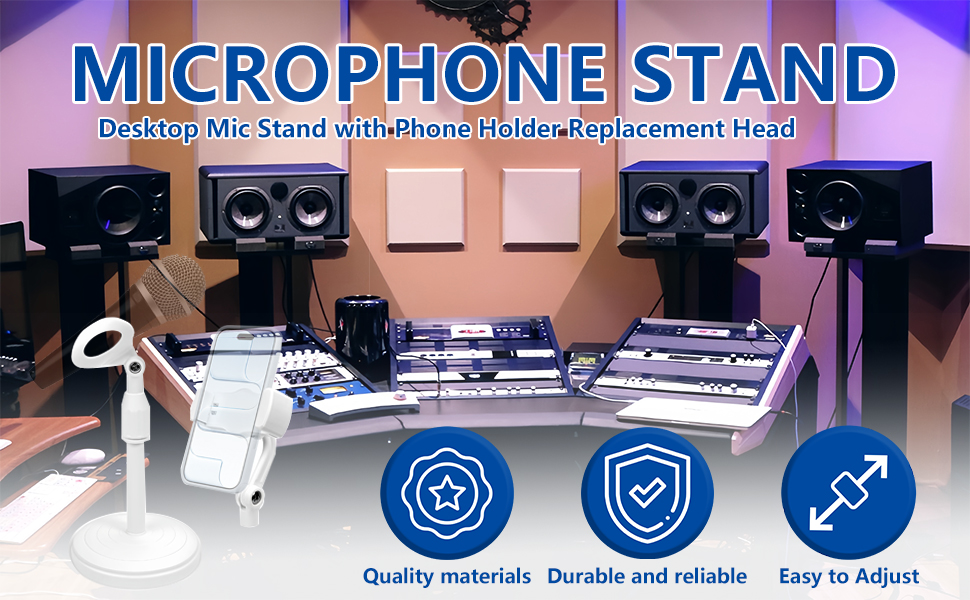 Text reads 'MICROPHONE STAND' with three circular icons showing 'Quality materials', 'Durable and reliable', and 'Easy to Adjust'. Display shows various studio monitors and audio equipment.