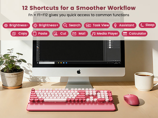 Pink retro keyboard and mouse with 12 shortcut keys for smoother workflow.
