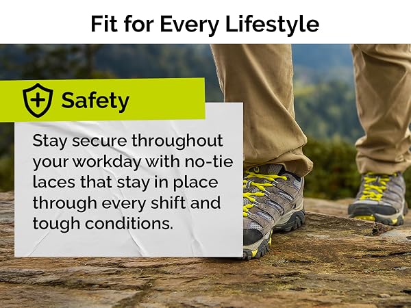 Stay secure during long work shifts with Caterpy's no-tie elastic laces.