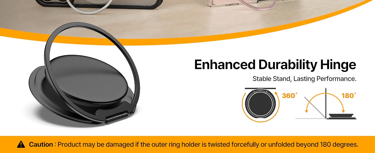 Text reads 'Enhanced Durability Hinge' with icons showing hinge specifications. Black hinged pet bowl with orange stripe and durability feature callouts matching Image 1 design.