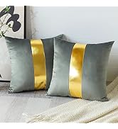 Artscope Grey Velvet Throw Pillow Covers with Gold Leather Stitching Luxury Modern Minimalist Squ...