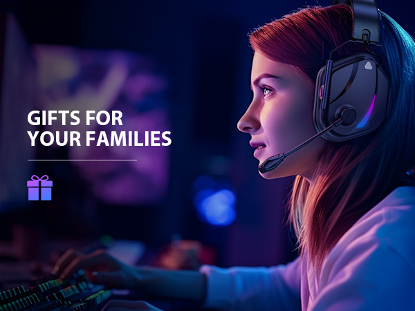 Text reads 'GIFTS FOR YOUR FAMILIES'. Dark blue-tinted scene showing someone wearing gaming headset in dim lighting with purple ambient glow.