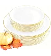 KIRE 60PCS Gold Plastic Plates - Thanksgiving Heavy Duty White Disposable Plates with Gold Rim fo...