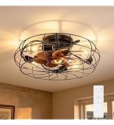 OUTON Caged Ceiling Fan with Light, Flush Mount Low Profile Ceiling Fan with Remote, Industrial F...