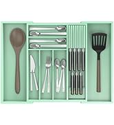 Thalomely Bamboo Kitchen Drawer Organizer, Expandable Utensil Organizer with Removable Knife Bloc...
