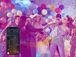 Vibrant party scene with colorful balloons in purple and blue tones, featuring a smartphone display against a dynamic background.