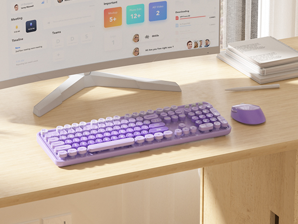 purple keyboard and mouse wireless cute colorful retro typewriter full size keyboard