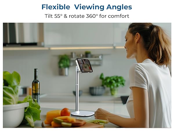 Adjustable tablet stand with 55-degree tilt and 360-degree rotation capability, shown in kitchen setting with device mounted.