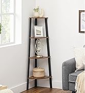 Corner ladder shelf with four tiers, featuring wood shelves and black metal frame. Decorated with plants, lantern, and basket in a living room setting.