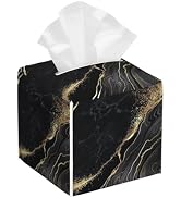 Black Golden Marble Tissue Box Cover Square,Leather Tissue Holder with Bottom Belt,Waterproof Fac...