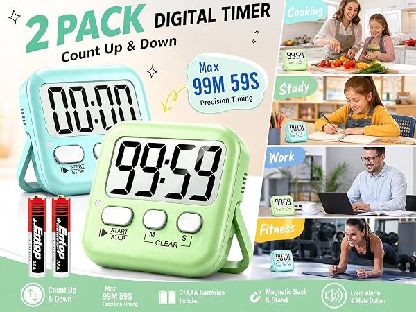 This set includes 2 digital timers with 2 AAA batteries