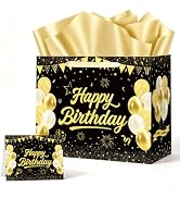 WNINK Large Black and Gold Happy Birthday Gift Bag, 13 Inch Gift Bag with Handles, Tissue Paper a...