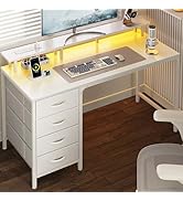 Huuger 47 Inch Computer Desk with Power Outlets and LED Lights, Gaming Desk with 4 Drawers, Offic...