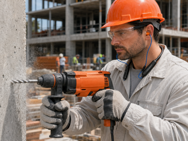 A man wearing the HomeSpot Neckband while drilling at Construction Site