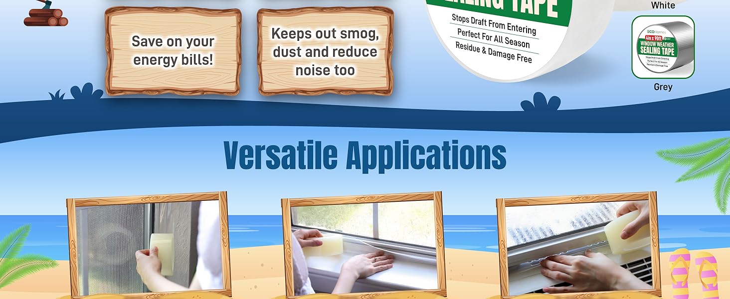 Works on sliding windows, casement frames, and AC units year-round against heat, cold, humidity.