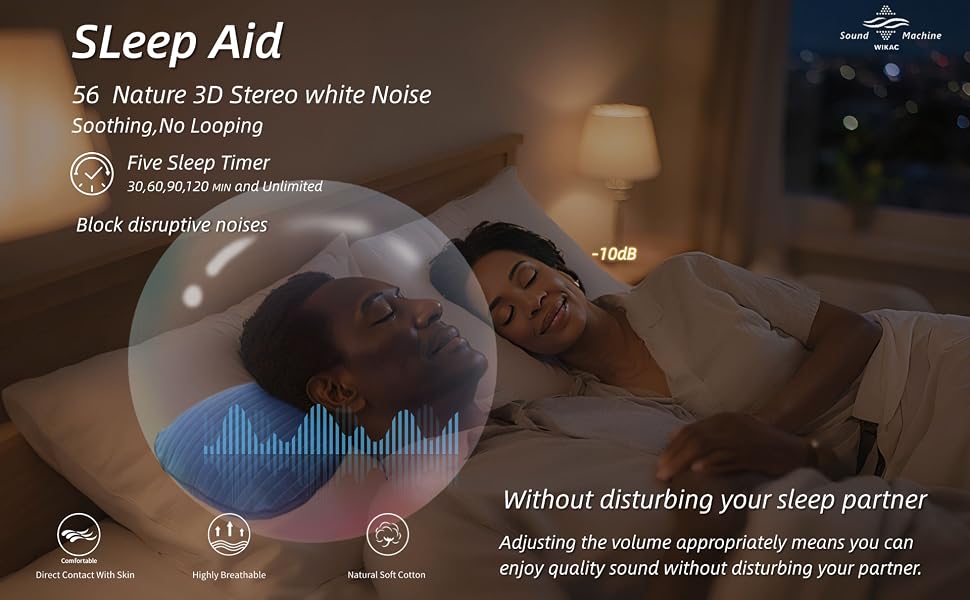 56 non-looping white-noise sounds ,five sleep timers, without disturbing bedmate.