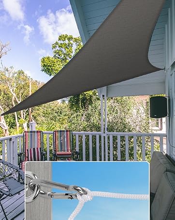 Large triangular shade sail over a wooden deck. Inset image shows metal hardware for attaching sail. Provides sun protection for outdoor spaces.