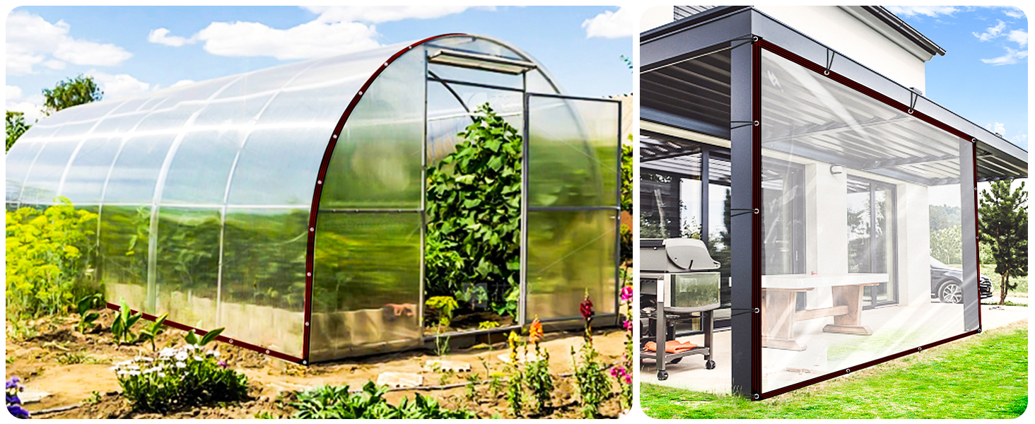 Split image showing two outdoor structures: a curved greenhouse with transparent panels on the left, and a modern clear-walled pavilion or sunroom on the right.