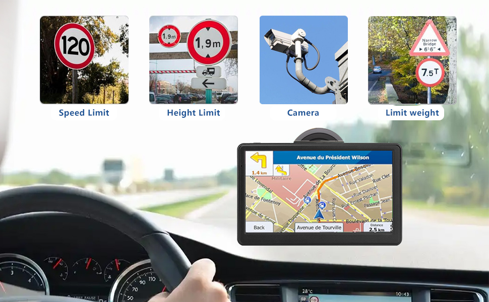 Speed limit, height limit, turn alerts