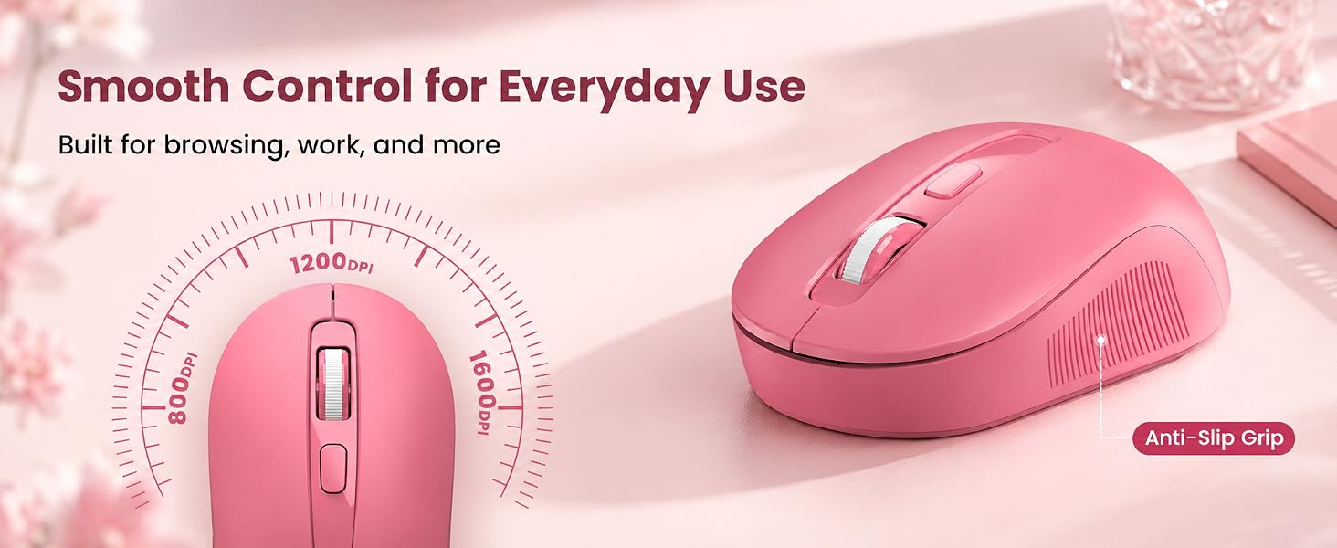 Pink wireless mouse with DPI switch and anti-slip side grip shown on a soft pink desktop.
