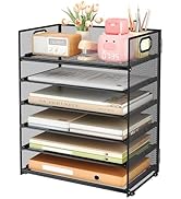 Subekyu 6 Tier Paper File Tray Organizer for Desk, Black Mesh Desk Letter Paper File Folder Acces...