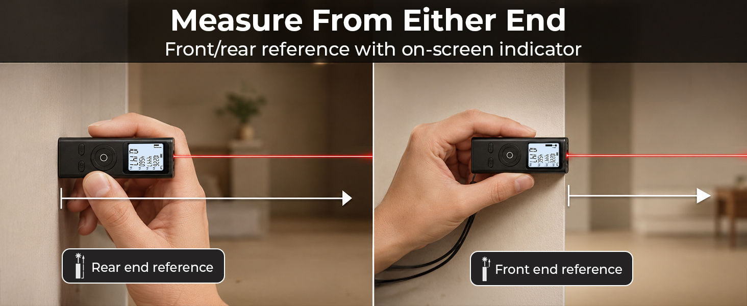 Laser tape measure showing front and rear reference points, beam projected from a wall corner