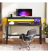 YATINEY 47.2" Computer Desk with Charging Station and LED Lights, Gaming Desk with Monitor Stand,...