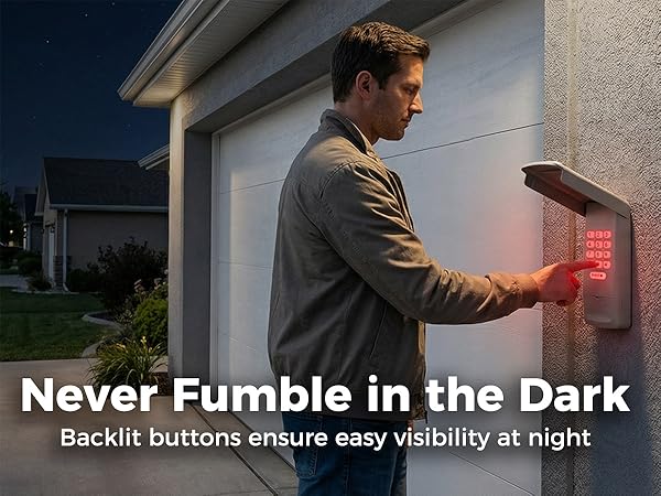 Garage door opener keypad remote with red backlit buttons for easy night visibility Wireless