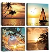 OTOSTAR 4 Pieces Wall Art Canvas Prints - Coconut Tree Sailboat and Sea Picture Painting - Modern...