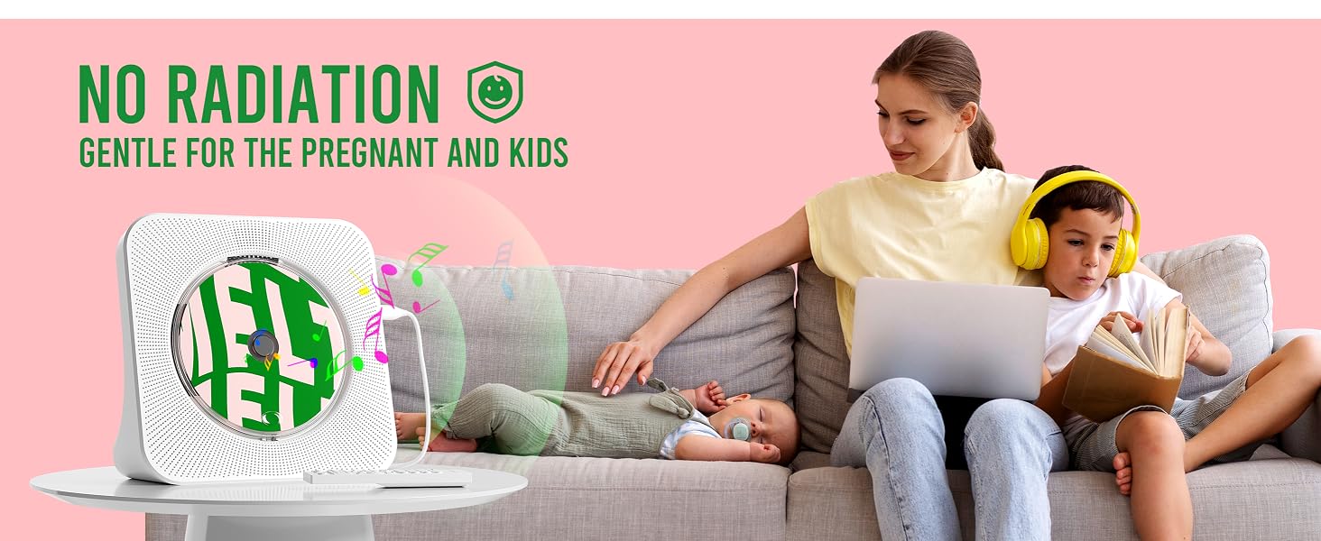 Portable CD player with no radiation, gentle and safe for pregnant women, kids and home use