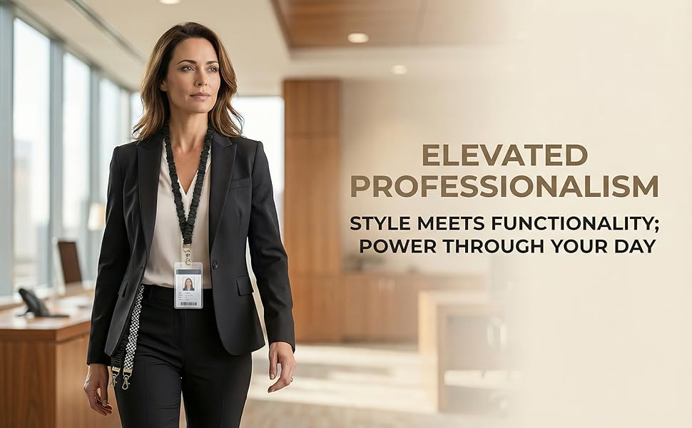 Professional business woman in black suit walk in corporate office wearing black scrunchie lanyard