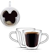 JoyJolt Disney Mickey Mouse 3D Espresso Cups 5.4oz. Glass Cups Set of 2 Insulated Double Wall Gla...