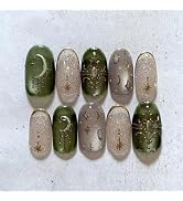 30Pcs Bohemian Style Press On Nails Round Medium Green Moon Star Fake Nails with Gold Line & Glit...