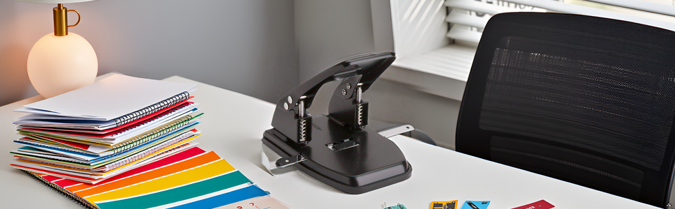 A modern office desk with the product placed on top, surrounded by neatly organized documents and of
