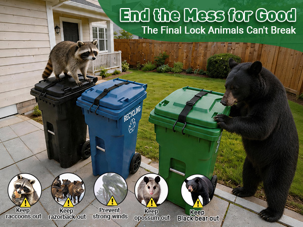 Stops bears, raccoons, wild boars, opossums, and strong winds. Lid locked tight. Yard clean.
