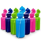 4E's Novelty Bulk Water Sports Bottles for Kids (12 Pack) 18 oz Squeeze Reusable Plastic Neon Col...
