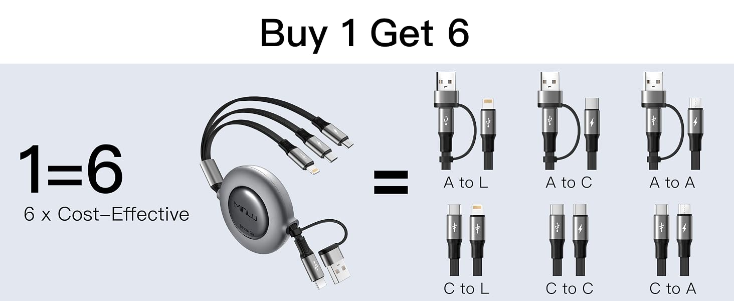 3 in 2 usb a/usb c multi charging cable usb c retractable charger for all devices iphone charger