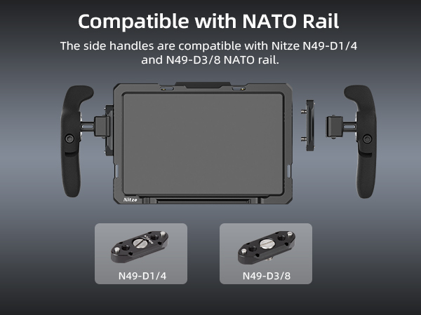 Text reads 'Compatible with NATO Rail'. Technical diagram showing mounting brackets and specifications for 'NATO-G1/4' attachments.