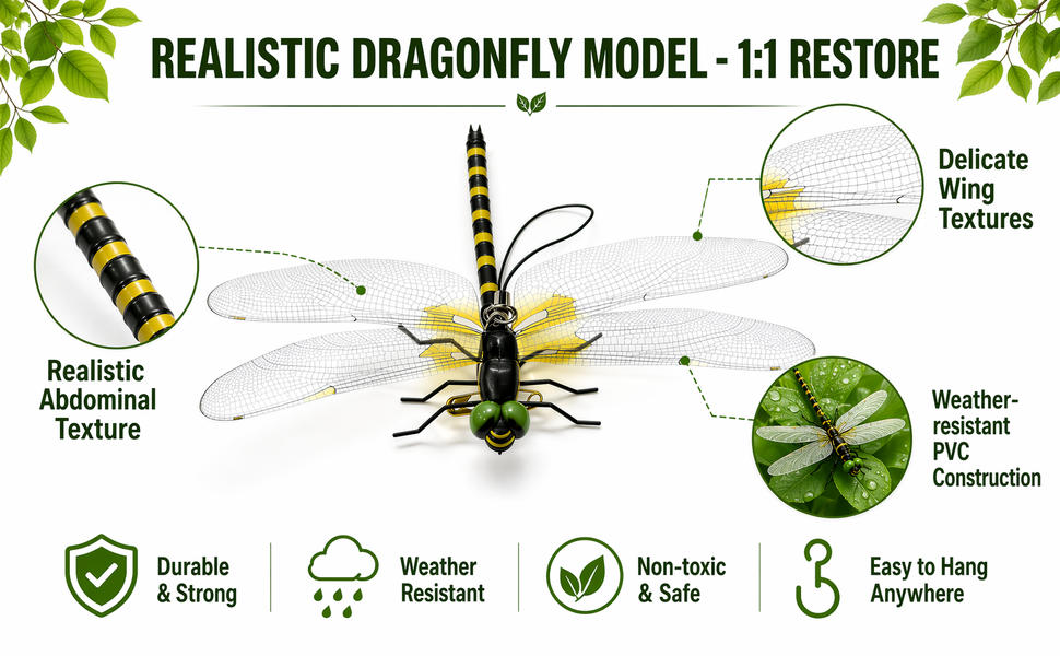 Close-up of realistic fake dragonfly showing delicate wing textures made of weather-resistant PVC
