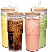 ANOTION Glass Cups with Lids and Straws 4 Packs, 24oz Travel Coffee Mug Wide Mouth Mason Jar Iced...