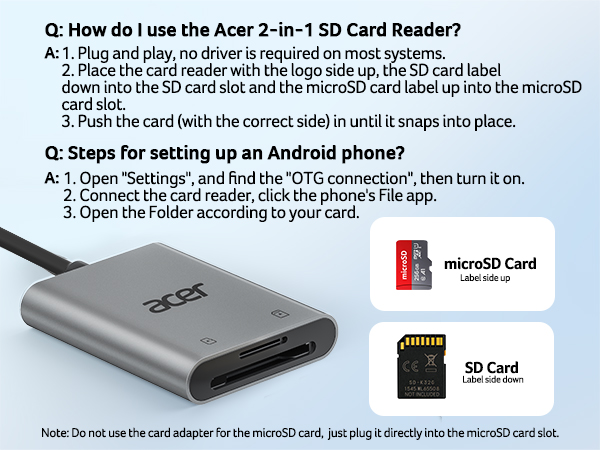 Acer 2-in-1 SD Card Reader with usage instructions. Silver device with slots for SD and microSD cards. Images of cards and setup steps for Android phones included.