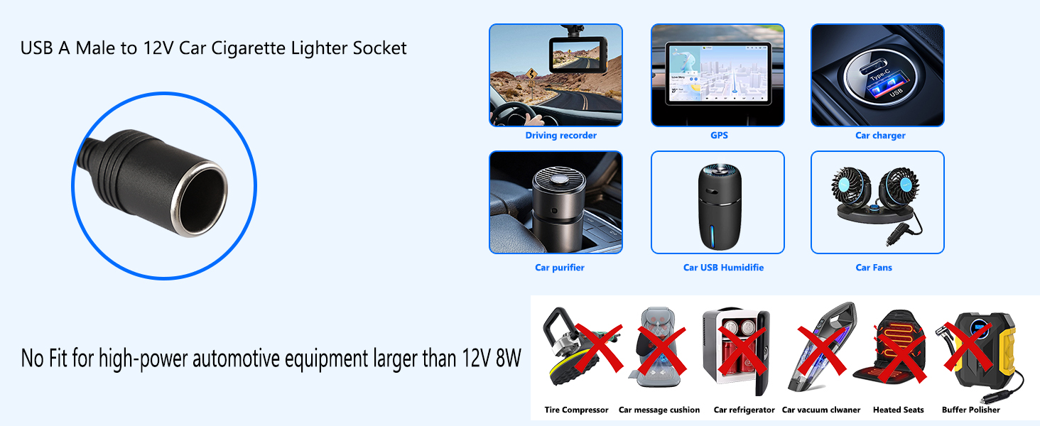 USB A Male to 12V Car Cigarette Lighter Socket