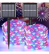 YAOZHOU 4th of July Memorial Day Patriotic Decorations Solar Fairy String Lights Outdoor Waterpro...