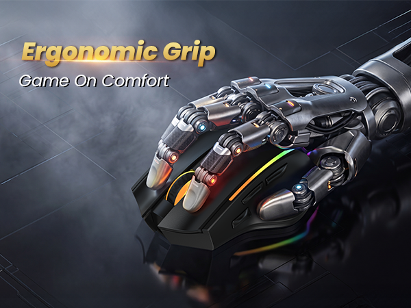 Text reads 'Ergonomic Grip' and 'Gaming Comfort'. Black and orange gaming mouse with multiple side buttons, contoured ergonomic design, and textured grip surfaces for comfortable gaming use.