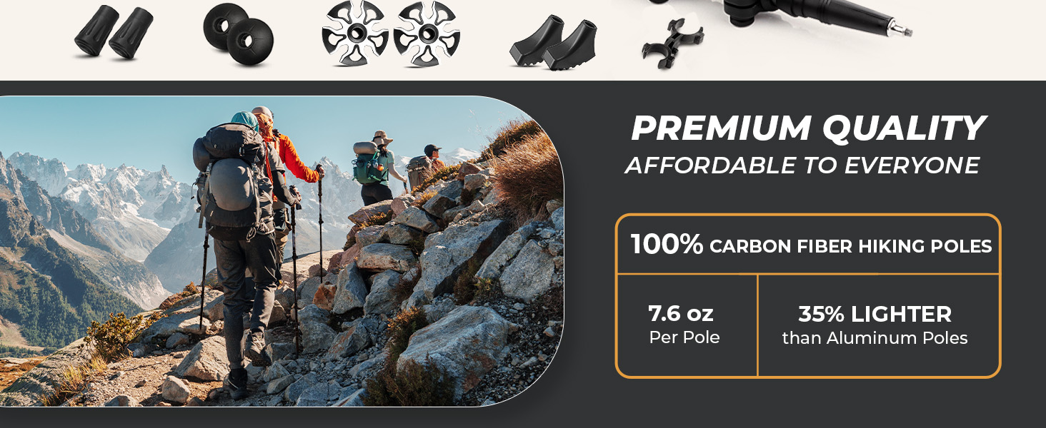 Foxelli 100% carbon fiber hiking poles 7.6 oz per pole, 35% lighter than aluminum