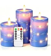 Da by 3 Pack Blue Real Wax Flameless Taper Candles, Lifelike Flickering LED Flame Candles with Su...