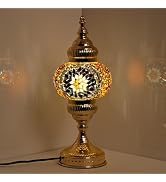 GOGERS Turkish Mosaic Table Lamp, Amber Glass Bedside Lamp with Gold Metal Base, E12 LED Bulb Inc...