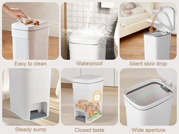 garbage can details easy to clean waterproof silent slow drop steady sump closed taste wide aperture