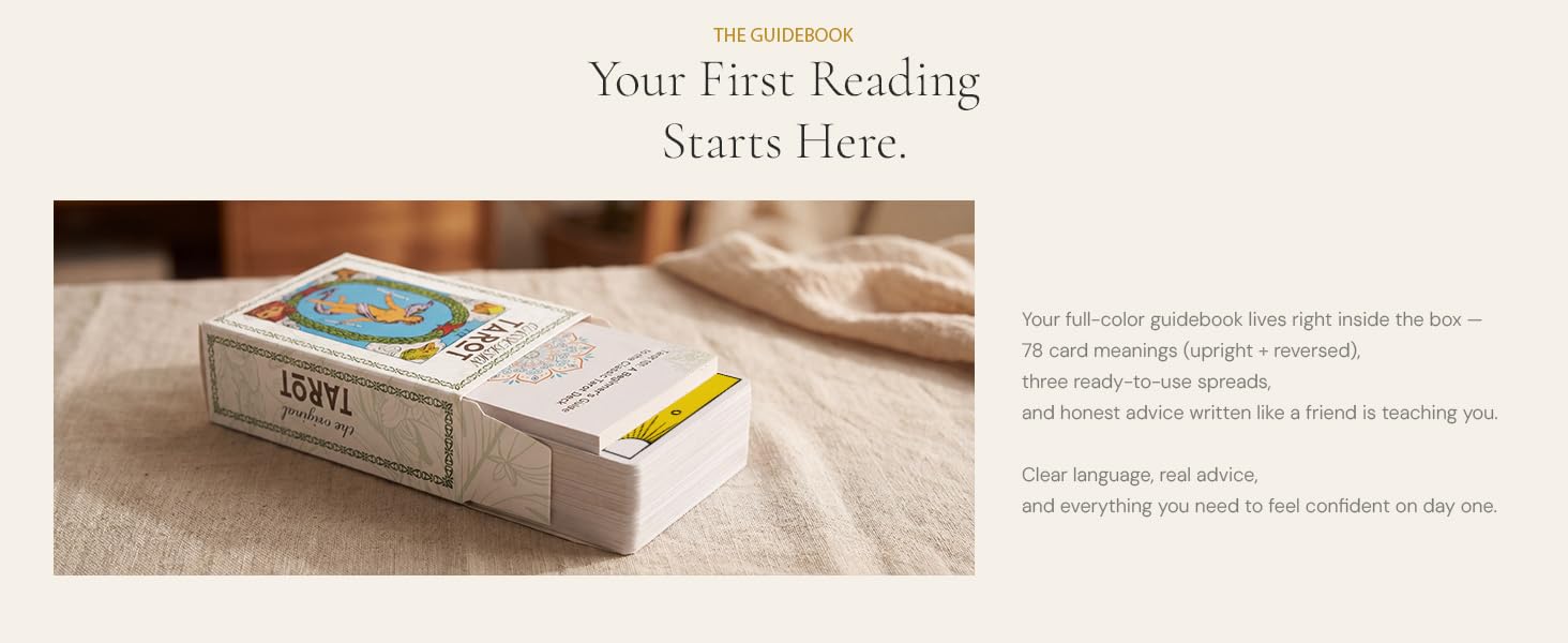 beginner tarot guidebook included inside card box with upright and reversed meanings