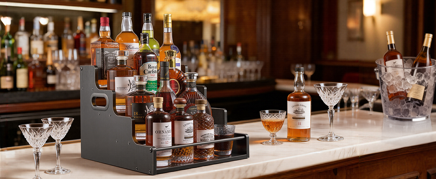 Large bottle display stand for liquor bar, tiered wood shelf for whiskey & wine collection.